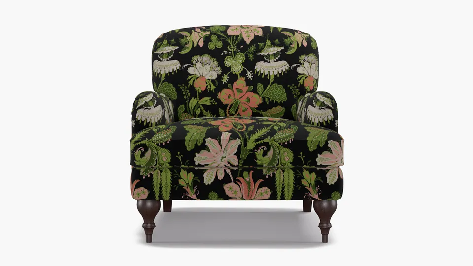 English Roll Arm Chair, Coral Onyx Rossetta, Espresso Turned Wood Leg
