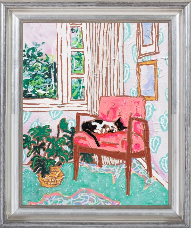 Cat Nap: Tuxedo Cat Napping in Mid-Century Chair by Lara Lee Meintjes for Artfully Walls