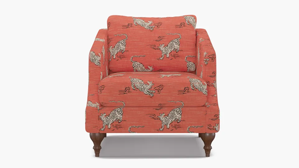 Slope Arm Chair, Coral Tigresse, Walnut Turned Wood Leg