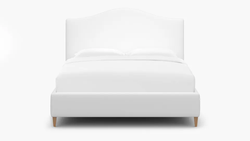 Camelback Bed, White Twill, Natural Square Tapered Leg, Queen