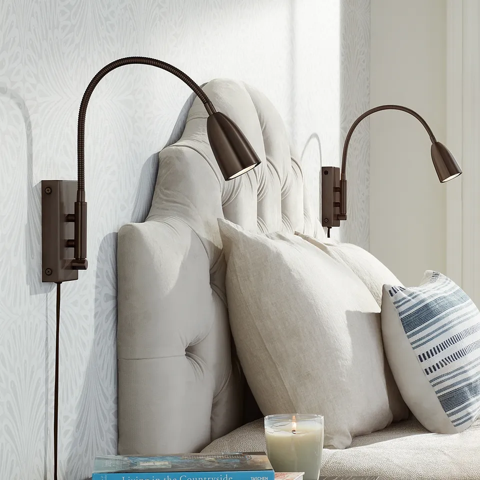 Lido Adjustable Gooseneck Bronze Plug-In Wall Reading Light Set of 2
