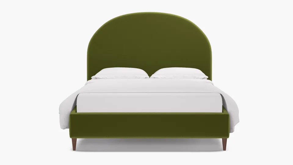 Demilune Bed, Sage Performance Velvet, Walnut Square Tapered Leg, Queen