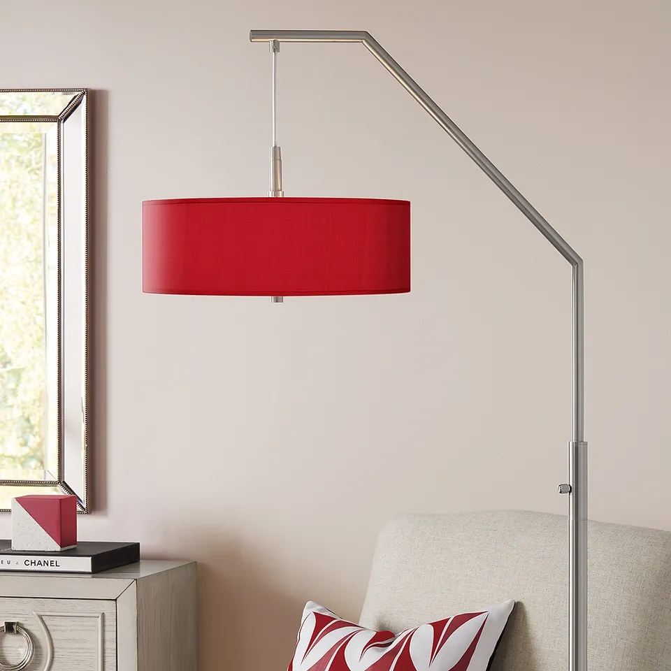 Possini Euro Red Textured Faux Silk Modern Arc Floor Lamp