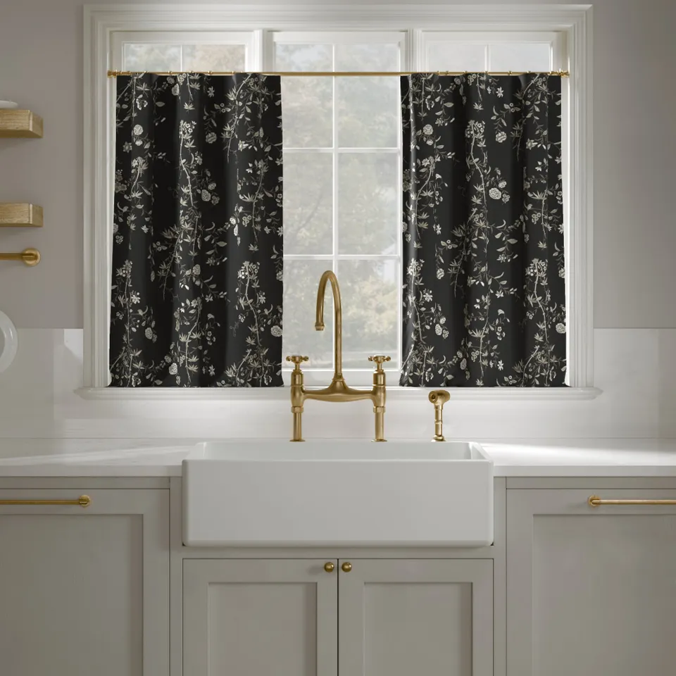 Printed Linen Café Curtain, Black Bamboo Garden, 25" x 30", Privacy