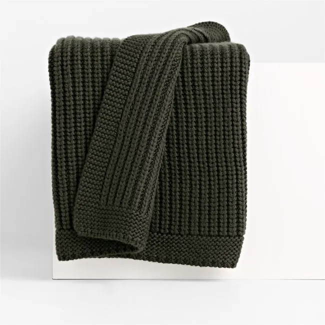 Ficus Green Wool Blend 70''x55" Fisherman Knit Throw Blanket