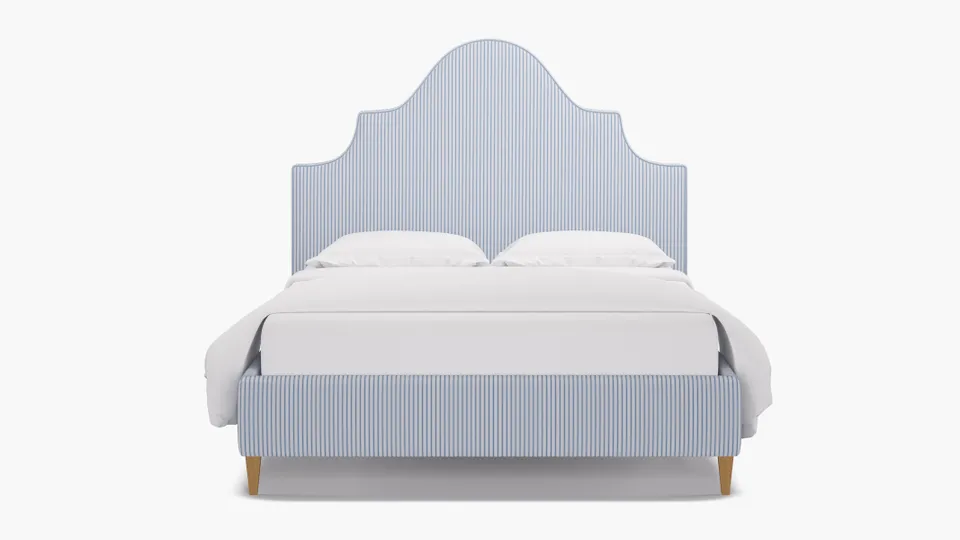 Statement Bed, Cornflower Classic Ticking Stripe, Natural Square Tapered Leg, Queen