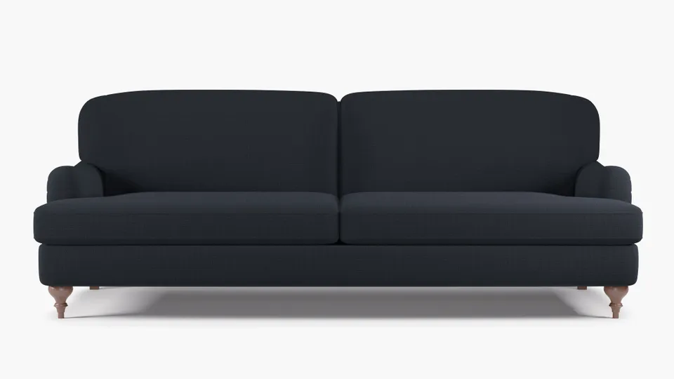 English Roll Arm Sofa, Navy Everyday Linen, Walnut Turned Wood Leg