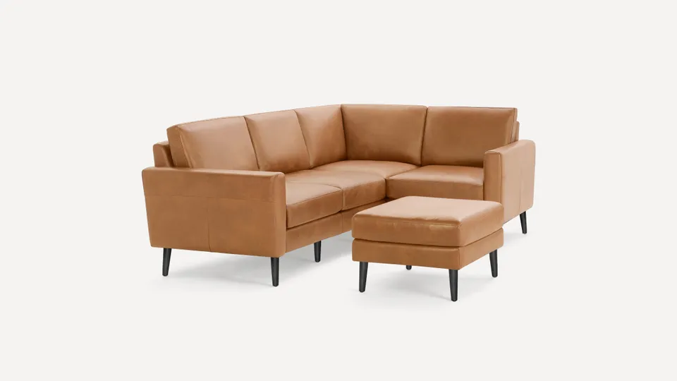 Nomad Leather 4-Seat Corner Sectional with Ottoman - Camel - Top Grain Leather / Ebony - Wood / Block