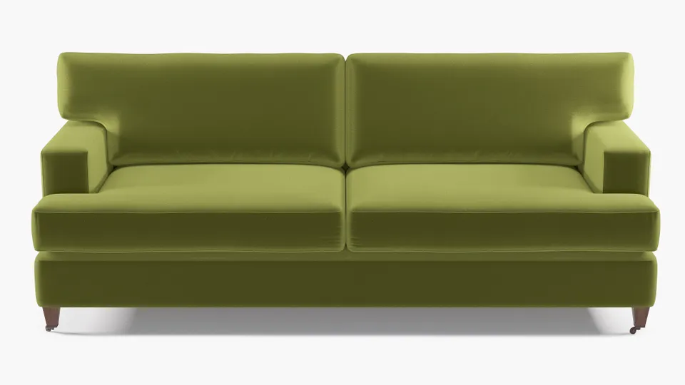 Classic Sofa, Sage Performance Velvet, Walnut with Antique Brass Caster