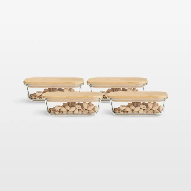 Crate & Barrel Rectangular Glass Storage Container with Bamboo Lid, 2-cup, Set of 4