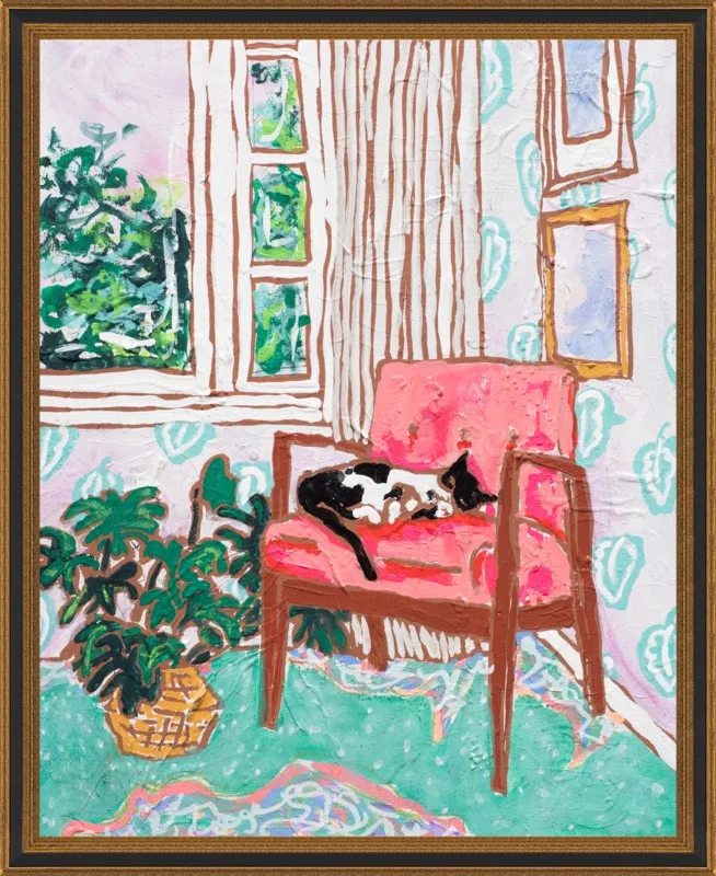 Cat Nap: Tuxedo Cat Napping in Mid-Century Chair by Lara Lee Meintjes for Artfully Walls