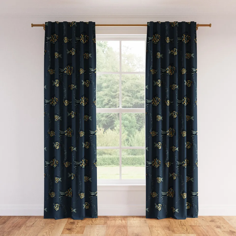 Printed Linen Curtain, Indigo Sakana, 50" x 108", Blackout