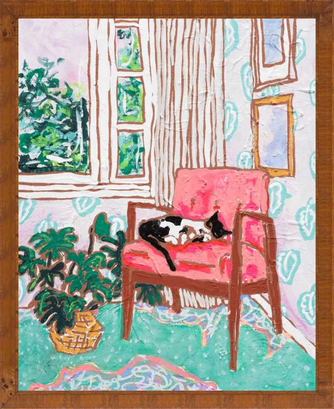Cat Nap: Tuxedo Cat Napping in Mid-Century Chair by Lara Lee Meintjes for Artfully Walls