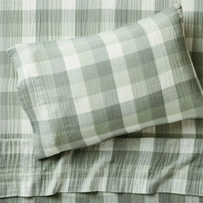 Supersoft Gingham Soft Green 100% Organic Cotton Gauze Kids Twin Sheet Set