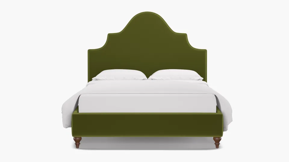 Statement Bed, Sage Performance Velvet, Walnut Traditional Turned Leg, Full