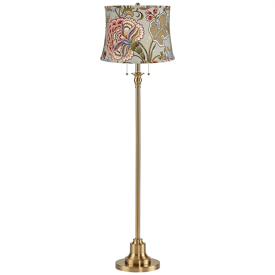 Dyna 58" High Antique Brass and Sage Floral Shade 2-Light Floor Lamp