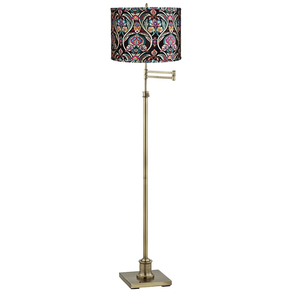 Regency Hill Westbury Embroidered Shade Brass Swing Arm Floor Lamp