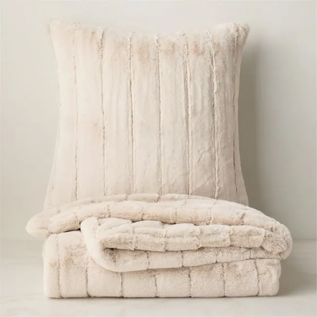Channel Double-Sided Off-White Faux Fur Throw Pillow Cover 23"x23" with Throw Blanket 60"x80" Set