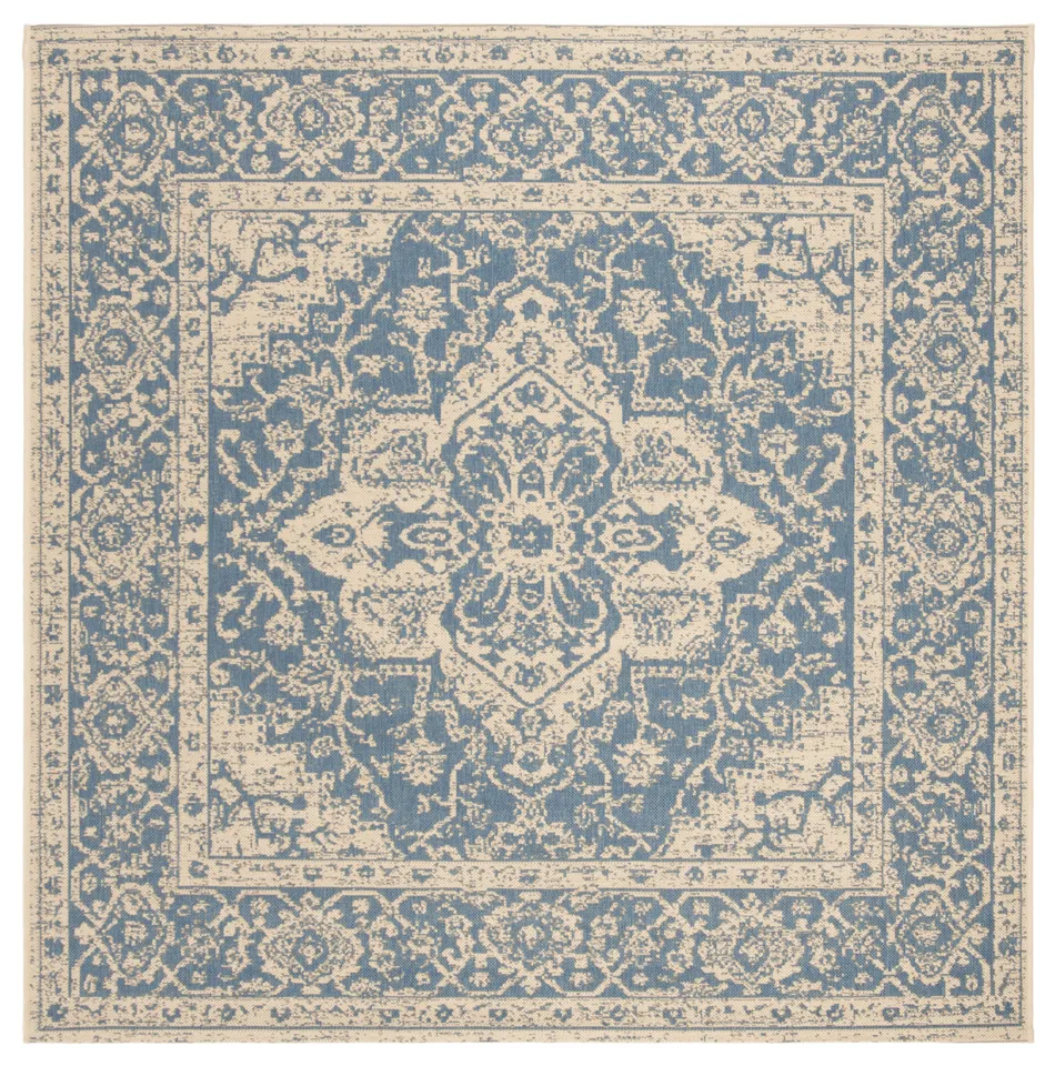 Arlo Home Indoor/Outdoor Woven Area Rug, LND137M, Blue/Cream,  6' 7" X 6' 7" Square