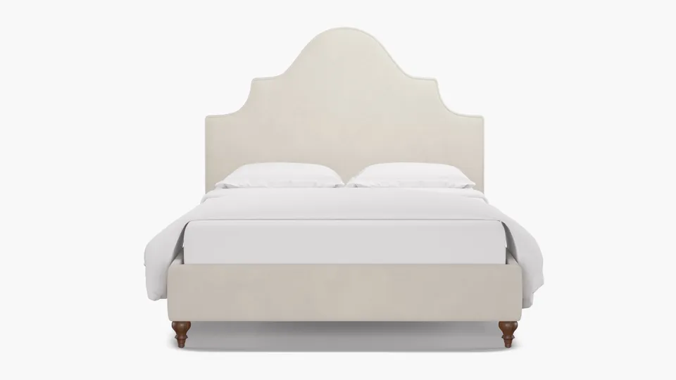 Statement Bed, White Performance Velvet, Walnut Traditional Turned Leg, Full