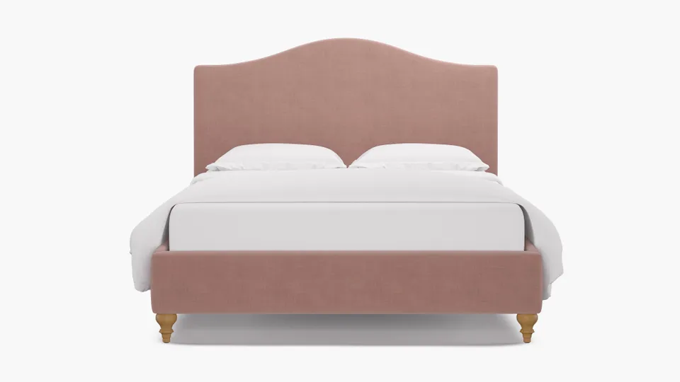 Camelback Bed, Blush Everyday Linen, Natural Traditional Turned Leg, Queen