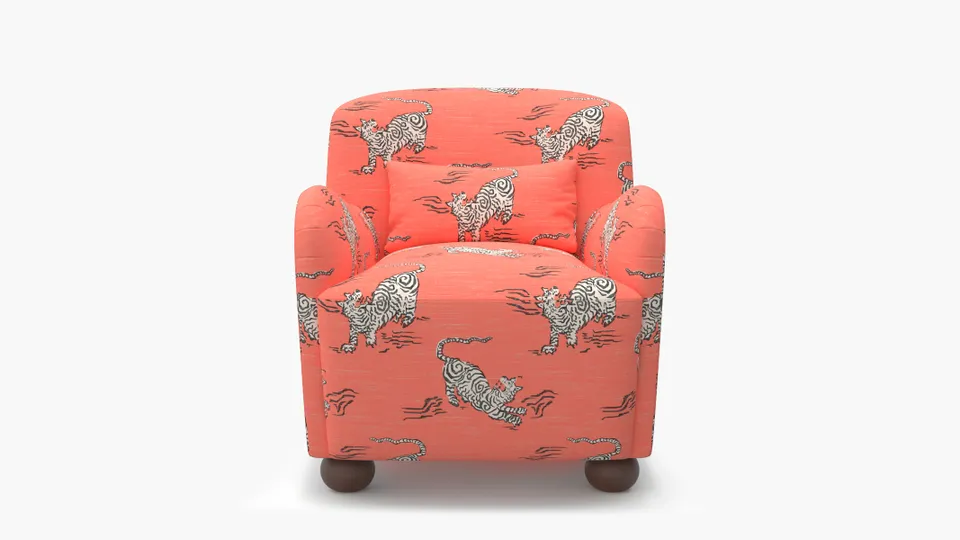 Club Chair, Coral Tigresse, Walnut Bun Foot