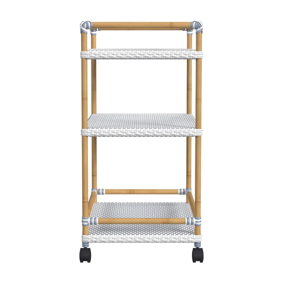 Tobias White/Sky Blue Dot / Natural Rattan Frame Outdoor Bar Cart