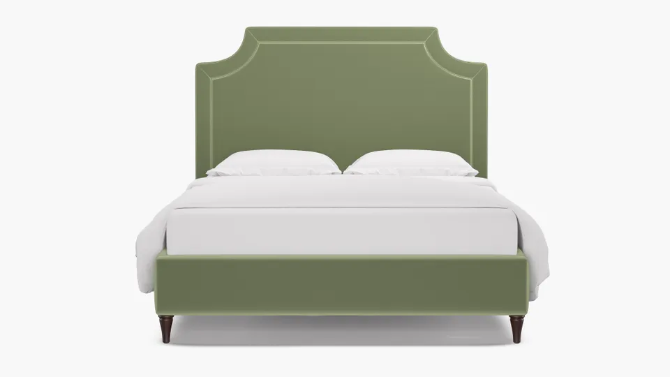 Deco Bed, Celadon Performance Plush Velvet, Espresso Decorative Tapered Leg, King