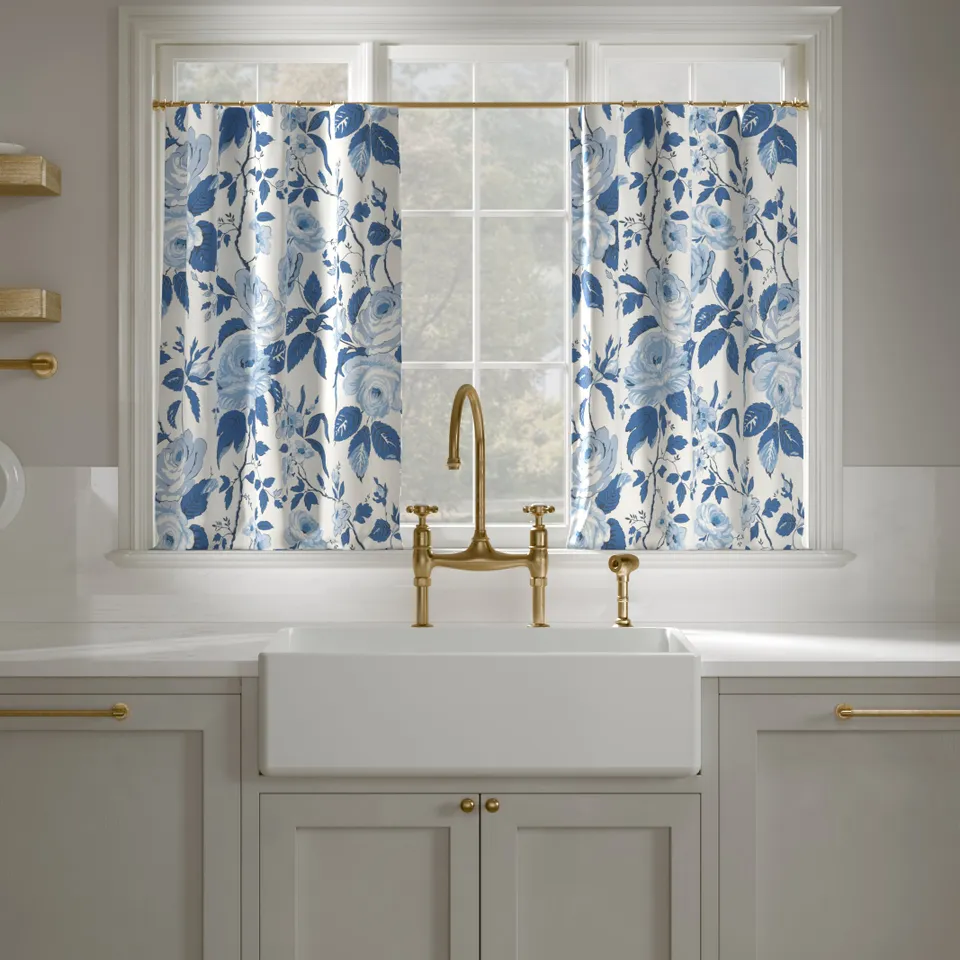 Printed Linen Café Curtain, Delft Chintz, 25" x 30", Unlined