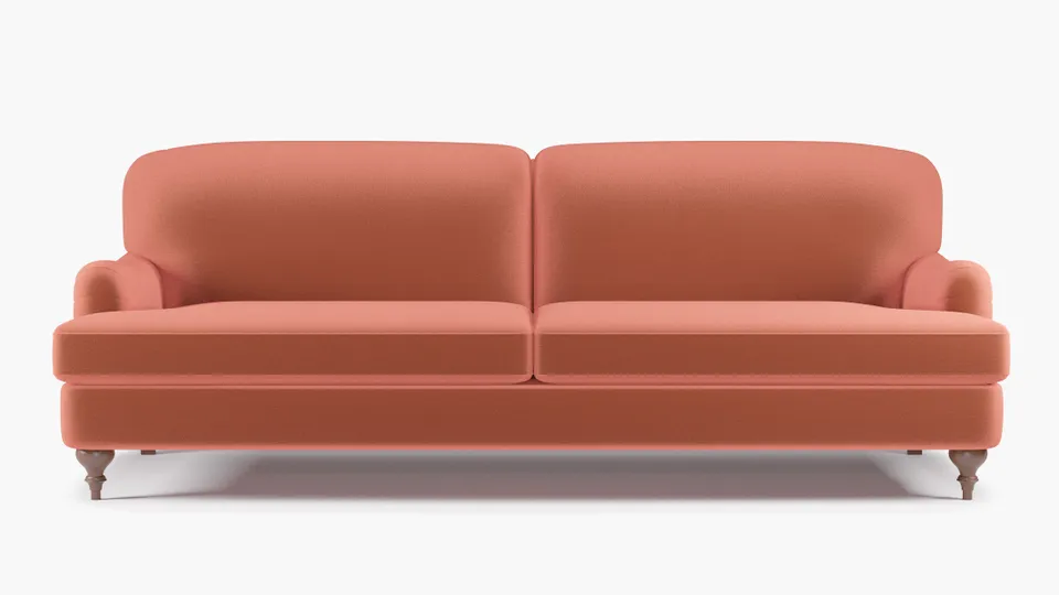 English Roll Arm Sofa, Terracotta Performance Velvet, Walnut Turned Wood Leg