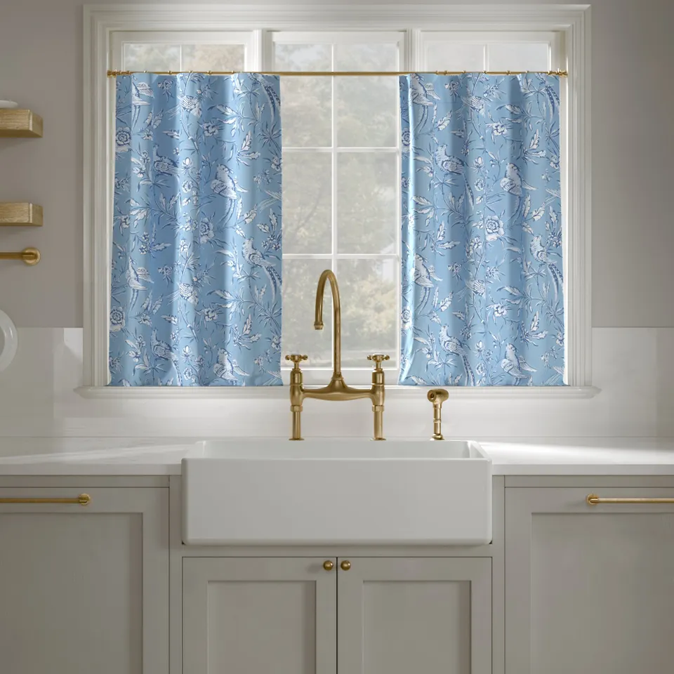 Printed Linen Café Curtain, Blue Aviary, 25" x 30", Privacy