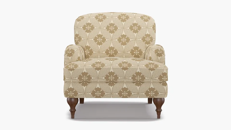 English Roll Arm Chair, Rattan Solaire, Walnut Turned Wood Leg