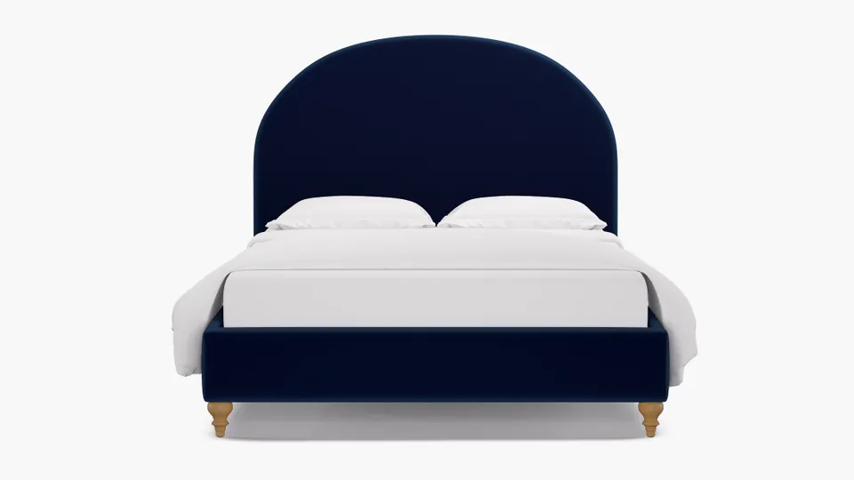 Demilune Bed, Navy Performance Velvet, Natural Traditional Turned Leg, Twin
