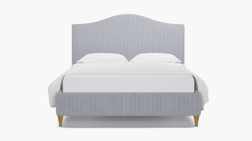 Camelback Bed, Navy Classic Ticking Stripe, Natural Decorative Tapered Leg, King