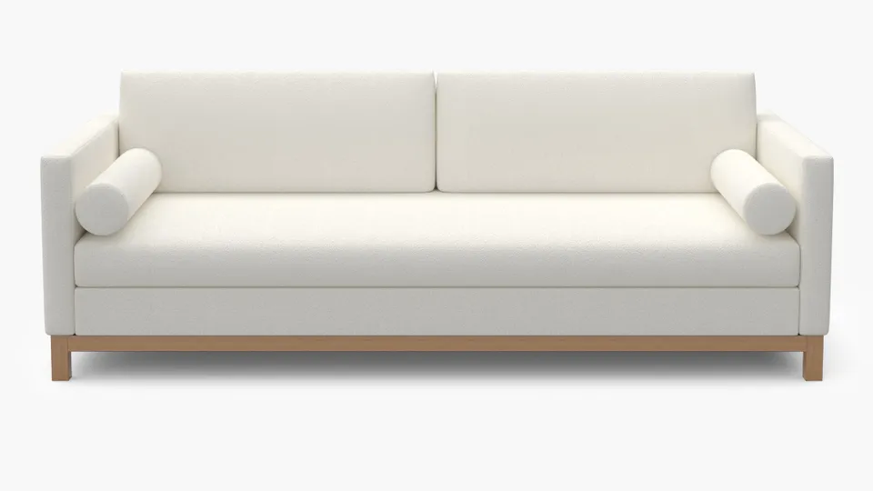 Tailored Tuxedo Sofa, Snow Boucle, Natural Wood Rail