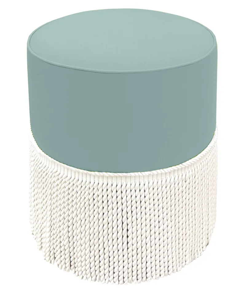 THE TIGHT ROUND OTTOMAN :: CLASSIC LINEN // SPA BLUE - 17" Diameter X 19" Height With Bullion / Spa Blue