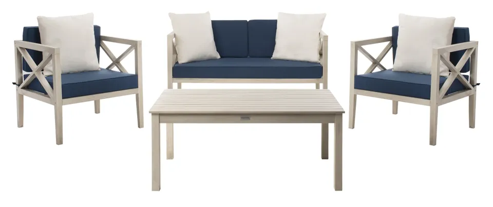 Nunzio 4 Piece Outdoor Set With Accent Pillows - White/Navy