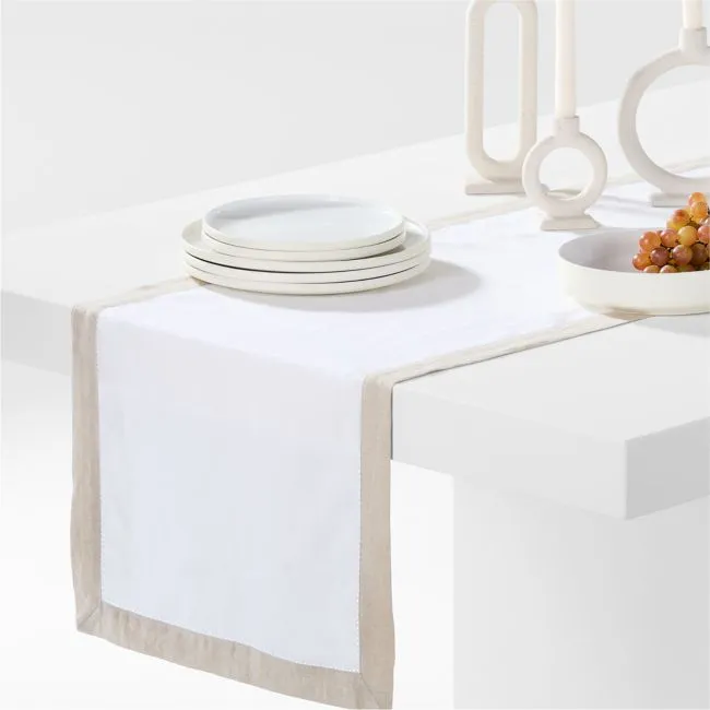Marin 120" Natural and Cream European Linen Table Runner with Hemstitch