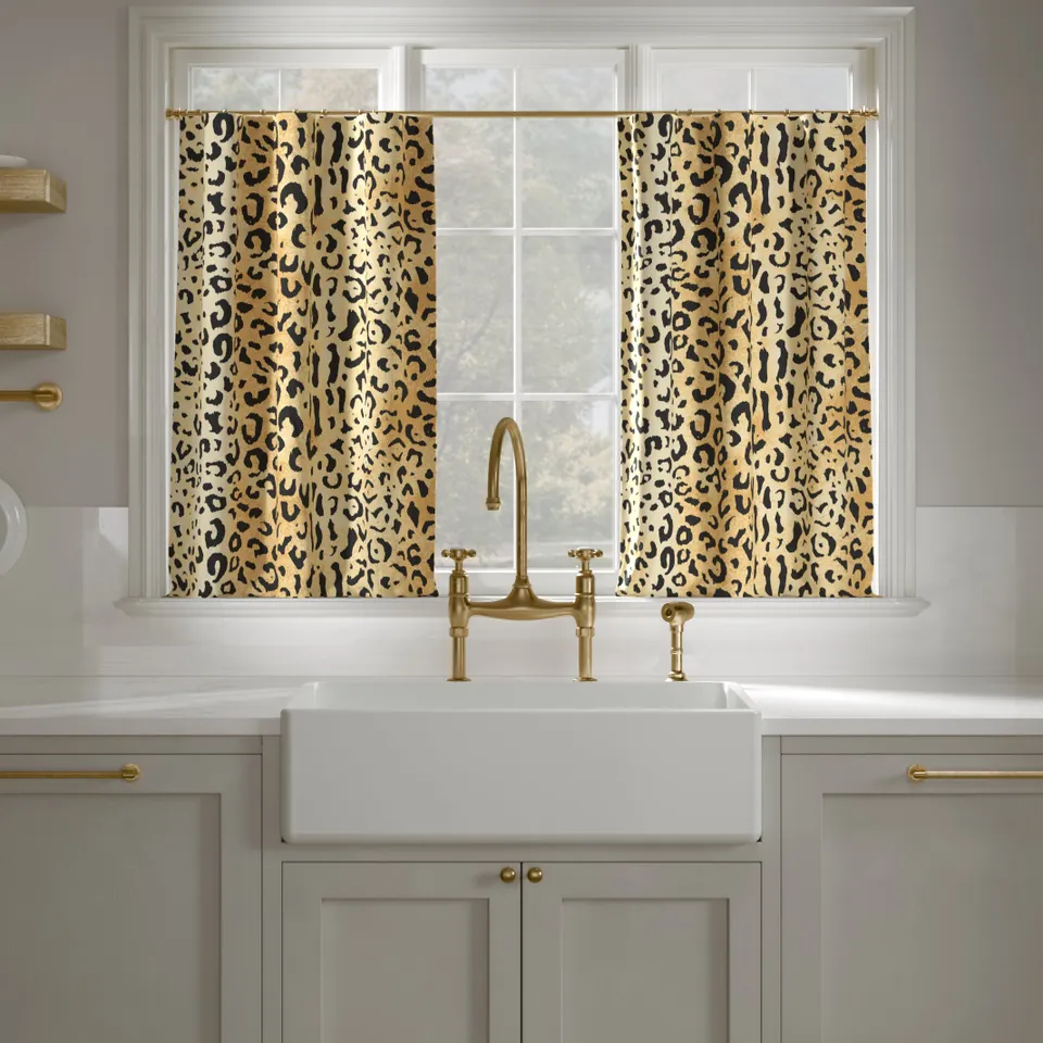 Printed Linen Café Curtain, Leopard, 25" x 24", Unlined