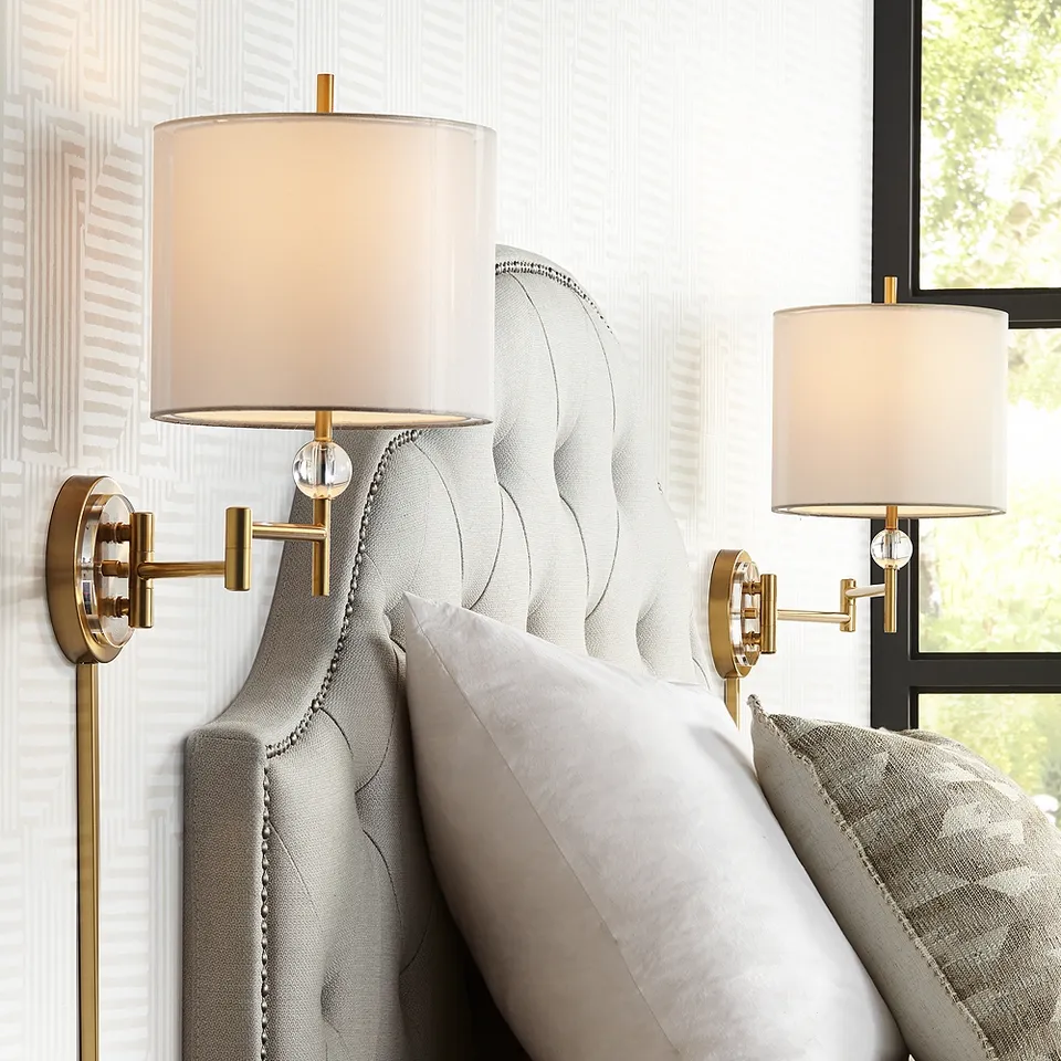 Possini Euro Kohle Brass Plug-In Wall Lamps with Cord Covers Set of 2