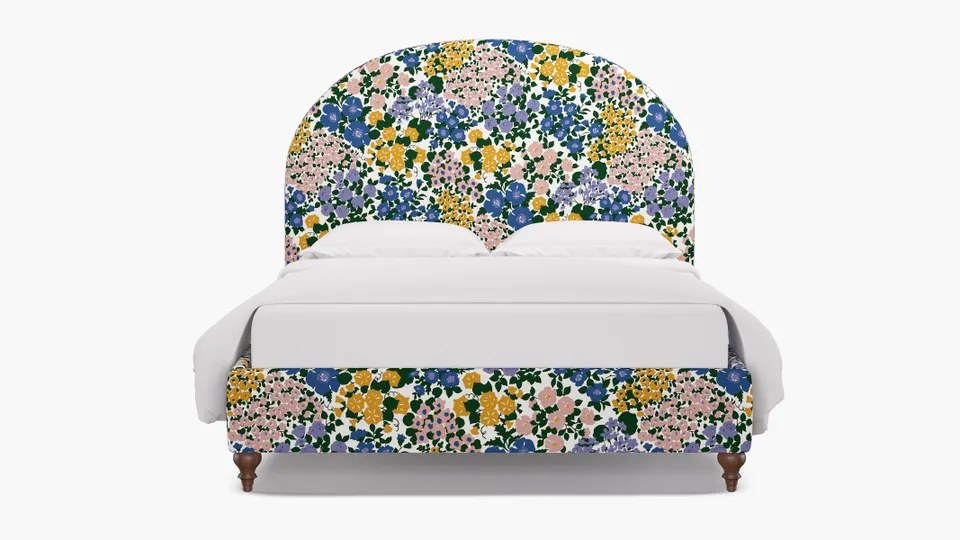 Demilune Bed, Fuchsia Million Flowers, Walnut Traditional Turned Leg, King