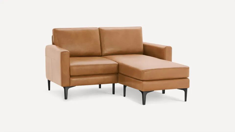 Nomad Leather Loveseat with Reversible Chaise - Camel - Top Grain Leather / Black - Metal / Block