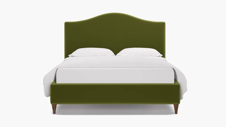 Camelback Bed, Sage Performance Velvet, Walnut Decorative Tapered Leg, Queen