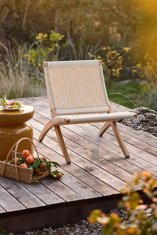Folding Teak + Wicker Scissor Chair