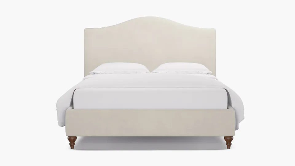 Camelback Bed, White Performance Velvet, Walnut Traditional Turned Leg, King