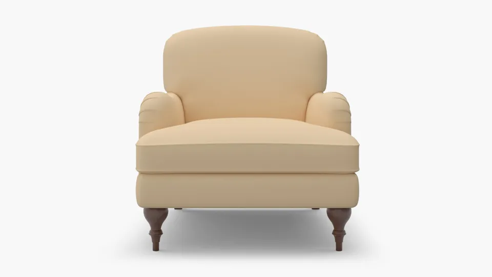 English Roll Arm Chair, Flax Twill, Walnut Turned Wood Leg