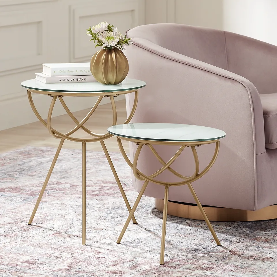 Mayflower Antique Gold Metal and Marbleized Glass Nesting Tables Set of 2