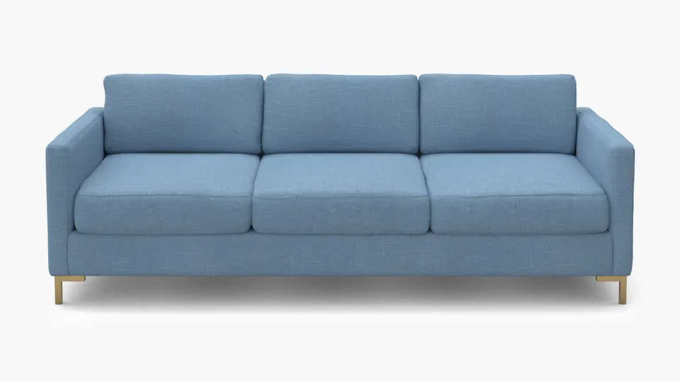 Modern Sofa, French Blue Everyday Linen, Brass L Leg