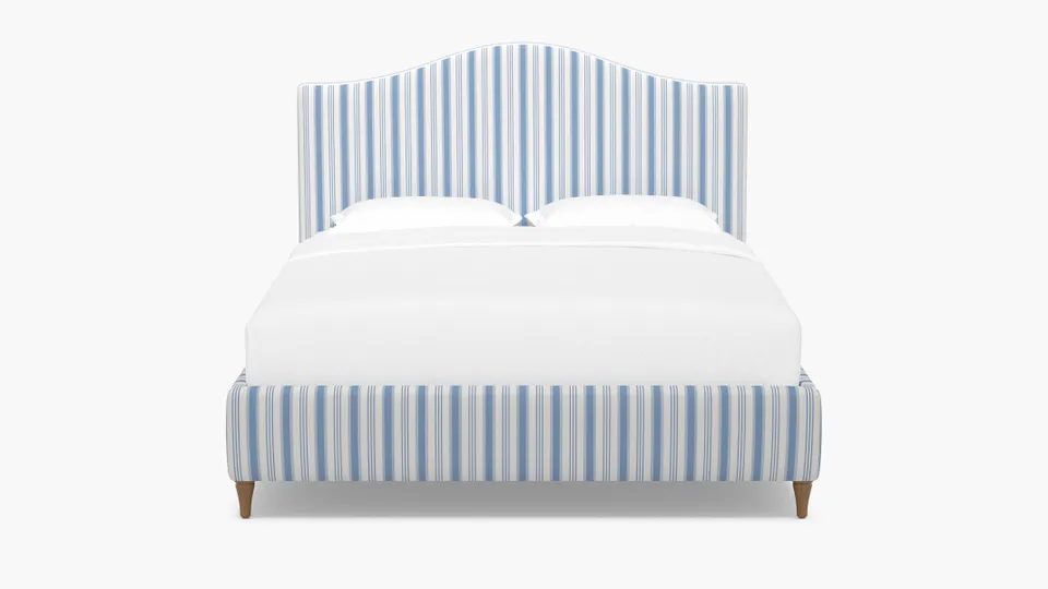 Camelback Bed, Cornflower Regency Stripe, Natural Decorative Tapered Leg, Full