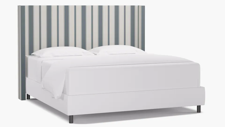 Modern Wingback Headboard, French Blue Clarence Stripe, King